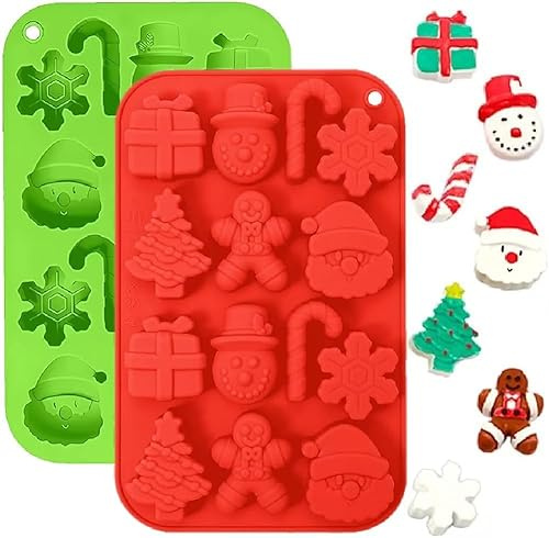 VENCILAZY Christmas Silicone Molds 2 Pack 14-Cavity Festive Shapes Gingerbread Man, Snowman, Santa Claus, Tree for Chocolate, Candy, Soap, Jelly & Ice Cubes Non-Stick, Reusable Baking Molds