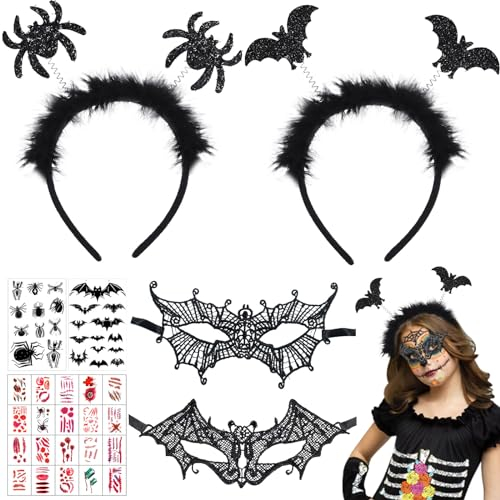 Giugio Halloween Kostüme Fledermaus Haarschmuck Spinne Haarreifen, Halloween Haarreif, Fledermaus Spinnen Halloween Temporäre Tattoos mit Augenmaske aus Spitzer, Maskenball, Mottoparty, Karneval