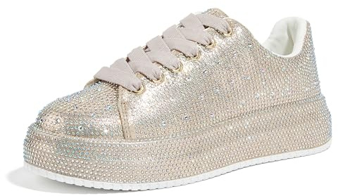 LUCKY STEP Rhinestone Sneakers for Women Platform Sparkly Glitter Bling Tennis Shoes Fashion Bedazzled Wedding Bridal Party Walking Sneakers (Gold Rhinestone, 6US-36EU-3UK)