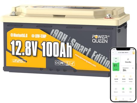 Power Queen Batteria 12V 100Ah Bluetooth H190 LiFePO4,Batteria al Litio a Ciclo Profondo da 1280Wh,100A BMS,Bassa Temp Protezione,Batteria di Ricambio al Piombo per Camper,Campeggio,Roulotte,Marina | DIN H8 L5, 100A BMS, Max 15000 cicli, IP65, Prot. basse temp., 1280Wh, per Campeggio, Barche, Energia Solare