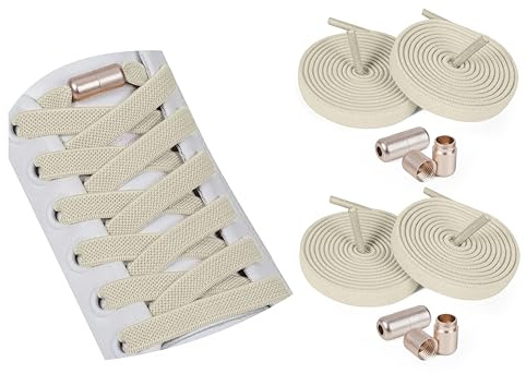 ELANOX® Lacci elastici senza bisogno di legare da 8mm per 2 paia di scarpe – Extra forti con chiusura in metallo – Lacci in gomma piatti per sneaker e sport, beige., 1 Meter + dehnbar