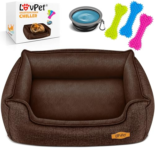 Lovpet® Hundebett Hundekissen Hundekorb Chiller, Inkl. Napf + 3X Kauknochen, Hundesofa Kissen für Kleine, Mittelgroße & Große Hunde, Bezug abnehmbar und waschbar, XL 110 x 75 x 27 cm Braun