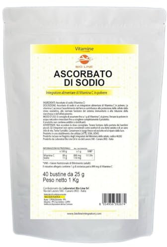 Ascorbato di Sodio - Vitamina C Polvere Pura 1000 g (40 Bustine da 25 g) Integratore Difese Immunitarie con Elevata Concentrazione di Antiossidanti, Integratori Alimentari
