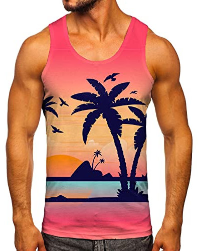 Tank Tops Vests for Men UK Beach Hawaiian Casual Palm Tree Print Sleeveless Crewneck Tshirts Tops Summer Vintage Classic Workout Vest Blouses Mens Tank Tops,A76 Pink,S