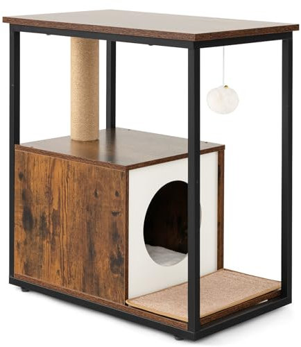 GYMAX Table d'Appoint & Condo pour Chat & Arbre à Chat 3-en-1, Maison de Toilette avec Griffoir en Sisal, Balle de Jeu Suspendue, Coussin Amovible, Dispositif Anti-basculement (Marron Rustique)