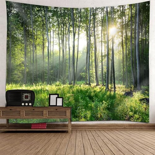 KnSam Wandteppiche, Baum Wald Sonnenschein 200x200cm Wandbehang Grün in Polyester, Landschaft Natur Wandteppich Tapestry für Schlafzimmer