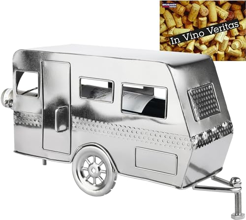 BRUBAKER Weinflaschenhalter Wohnwagen - Metall Flaschenhalter Camping - Wein Geschenk für Camper - Flaschenständer Dekoration mit Grußkarte