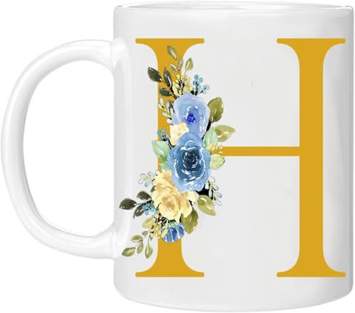 kisoyo Floral Letter Mug Gold - Any Letter Alphabet 11oz Ceramic Coffee Tea Cup Gift Printed Glitter, NOT Real Glitter (Gold - H)