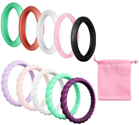 ZBHDEYG Lot de 10 Bagues en Silicone pour Femme - Anneau Torsadé et Rond, Bague de Mariage - Taille Unique avec Sac de Rangement