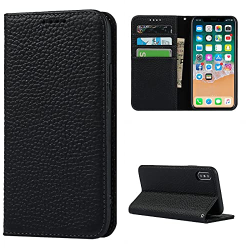 Cavor Phone Case compatible with iPhone XS Max,Flip Genuine Leather Wallet Case,[4 Card Holders][Magnetic][With Lanyard],Protective Cover Case compatible with iPhone XS Max - Black