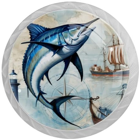 NEWzone 4 Pack Drawer Knobs Blue Swordfish Cabinet Knobs Crystal Glass Knobs Pulls Handles for Kitchen Cabinet Hardware Cupboard Door Dresser Wardrobe Home Decor