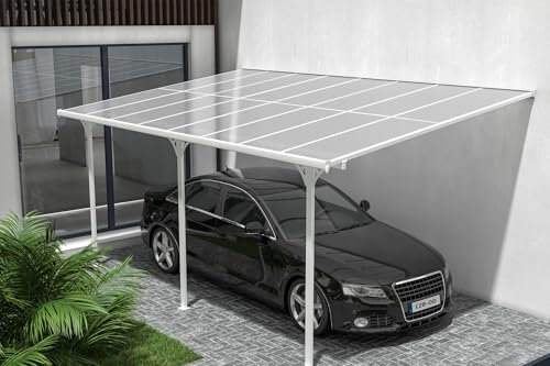 Cazeboo Pergola/Carport Aluminium, Abri de Voiture KLEO, 500 x 300 cm, Blanc, Pergola adossée, 15m², Toit Polycarbonate