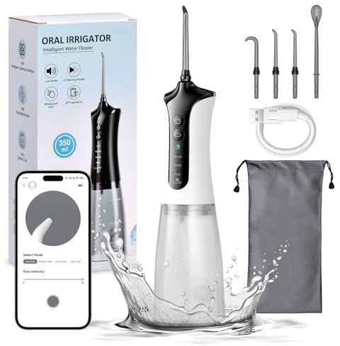 Munddusche Kabellos,OGVDOE Elektrischer Zahnreiniger 4 Modi & 4 Düsen,Stärke der APP-Steuerung 350ML Water Flosser Tank Munddusche IPX7 Wasserdicht Munddusche Testsieger (Weiß)