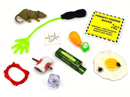 KAP TOYS GAG BAG 10 Toy Prank Gag Gifts Fake Rat Silly Hand Sticky Dracula Teeth Nail Bandage ice cube bug chewing gum rubber egg water pistol ring phoney parking ticket crack window stickers fun