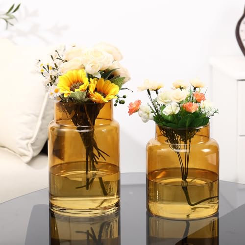 PORPAN Lot de 2 grands vases en verre ambré pour bouquet, grands vases à large ouverture pour fleurs, maison, mariage, salon, bureau, décoration de 17,8 cm + 22,9 cm