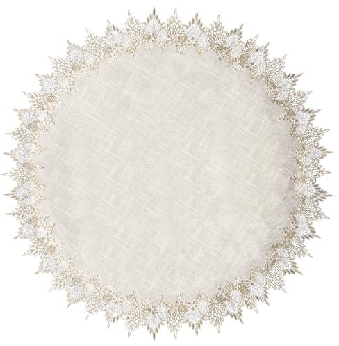 URROMA Runde Deckchen aus Leinen, 90 cm, beige Tischdecke mit Spitzenbesatz, Couchtisch, staubdichte Auflage, runde Tischdecke f黵 Esszimmer, K點he