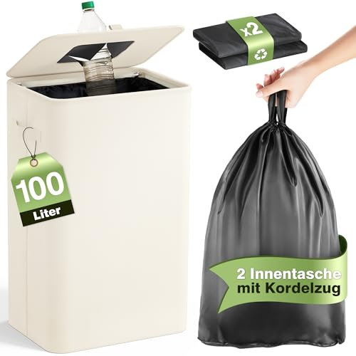 Pfandflaschen Sammelbehälter mit Deckel 100L, Groß Pfandflaschen Behälter mit 2 Tragetasche, Flaschensammler Leergut für Plastik- und Glasflaschen, Pfandbehälter mit Einwurf, Beige