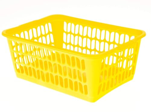 Set of 6 - Medium Plastic Storage Baskets | Office Home and Kitchen Handy Tidy Organiser, Plastic Shallow For Storage Shelf Baskets, Bathroom, School Classroom, Pharmacies 30 x 20 x 11 cm (Yellow)