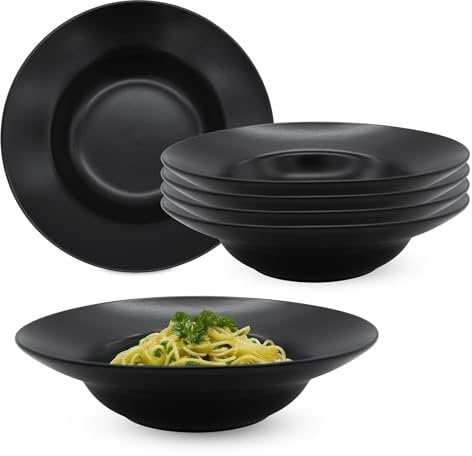 Feinkeramik Pastateller schwarz matt - 6er Set - Keramik Nudelteller tief Ø 24 cm - Tiefe Teller Tellerset Keramikteller Salatteller Bowl Schale Geschirr Service 6 Personen spülmaschinenfest