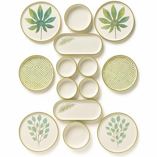 Kitchen Life Frühstücksset 14-teilig für 6 Personen – Handbemaltes Keramik aus Kütahya – Boho-Blatt Design – Spülmaschinenfest – Stapelbar – Perfekt als Geschenkidee