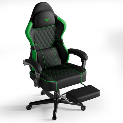 Huracan Silla Gaming con masajeador, Silla Gamer con reposapiés, Respaldo Ajustable 90-160°, Giratorio 360°, sillón ergonómico para PC, sillas Gamer 150 kg de Capacidad de Carga, Cuero PVC, Verde