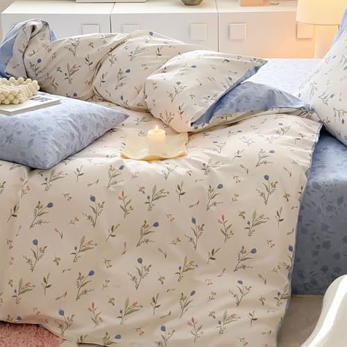 Covebett Bettwäsche 135x200 2teilig Blau Weiß Blumen Blätter Pflanzenmuster