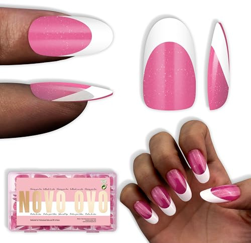 NOVO OVO White French Tip Oval Nail Tips Press on ROSE PINK, Extra Thick Medium Soft Gel Fake Nail Acrylic Extension, Need Builder Gel Top Coat, No Glue Included, for Salon DIY x 15 Sizes 240 pcs