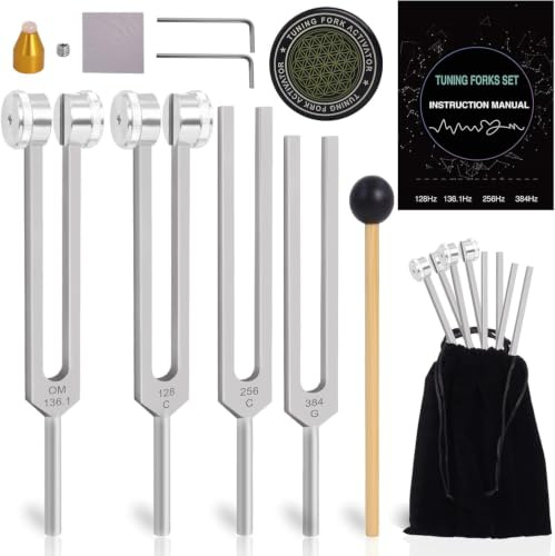 Tuning Forks for Healing Set, 128Hz, 136Hz, 256Hz & 384Hz, 4-Piece Set | Weighted & Unweighted Forks with Reflex Hammer, Activator and Gem Feet for Sound Therapy, Chakra, Yoga and Meditation