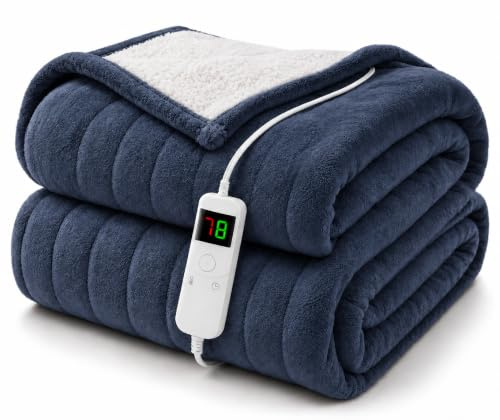 Homemate Heated Blanket Electric Throw - 130x160cm, 1/2/4/6/8 Hours Auto-Off 10 Heat Level Digital Control, Over-Heat Protection Flannel Sherpa Washable Blanket Navyblue