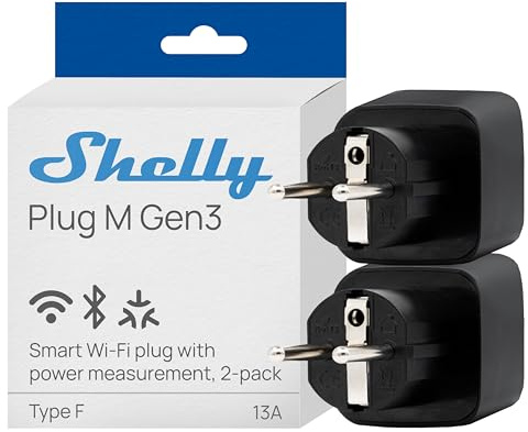 Shelly Plug M Gen3 Schwarz - WLAN & Matter Smarte Steckdose, Leistungsmessung, 13A, 3000W, Zeitschaltuhr, Stecker, Smart Home Stecker, Alexa & Google, Apple HomeKit, Kein Hub Erforderlich (2 Stück)