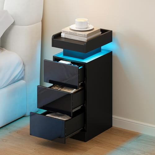 Dripex Nachttisch schmal 3 Schubladen, LED Beistelltisch mit RGB Licht und Rand Schwarz