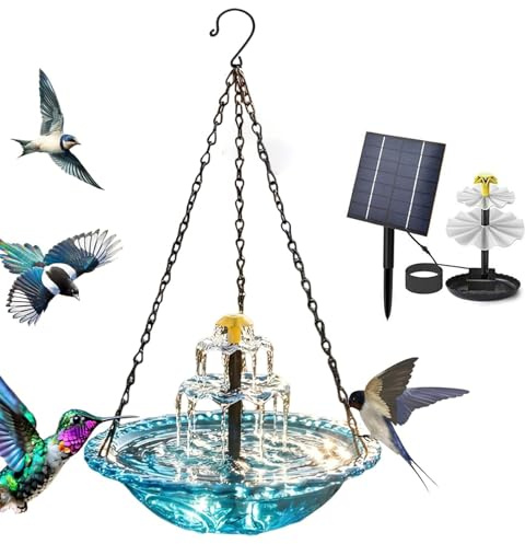 2026 Solar Cascade Hanging Bird Bath Fountain, 3 Layers Hanging Solar Bird Bath Fountain with 8 Spray Modes, Hummingbird Feeder and Bird Bath, Bird Bath Bowl for Outdoor Garden Backyard Patio (Blue)