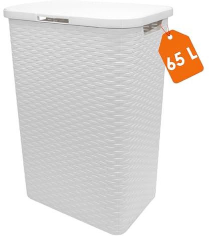 Kunststoff Wäschekorb weiß mit Deckel in Rattan Optik - 65 Liter | Wäschesammler in Flechtoptik, Seitliche Griffe, Platzsparend, Feuchtraumbeständig