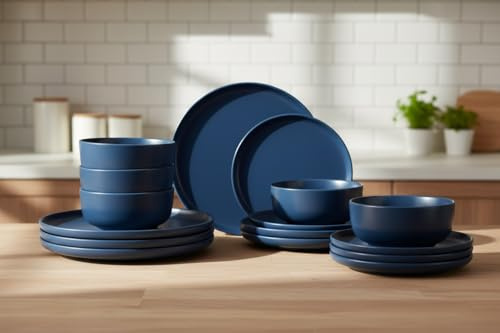 12pc Deep Blue Lipped Stoneware Dinner Set; Waterside