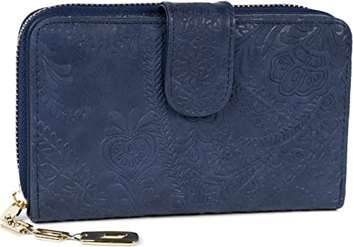 styleBREAKER Geldbörse mit Paisley Blumen Blüten Prägung, umlaufender Reißverschluss und RFID Schutz, Portemonnaie, Damen 02040098, Farbe:Dunkelblau