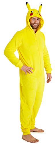 Pokémon Pikachu Pigiama Intero Uomo, Pigiamone Pile con Cappuccio per Adulto (Giallo, 2XL)