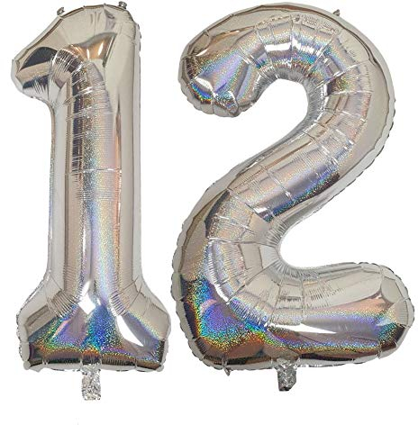 DIWULI Luftballon 12 Geburtstag XXL Silber Glitzer Zahl 12