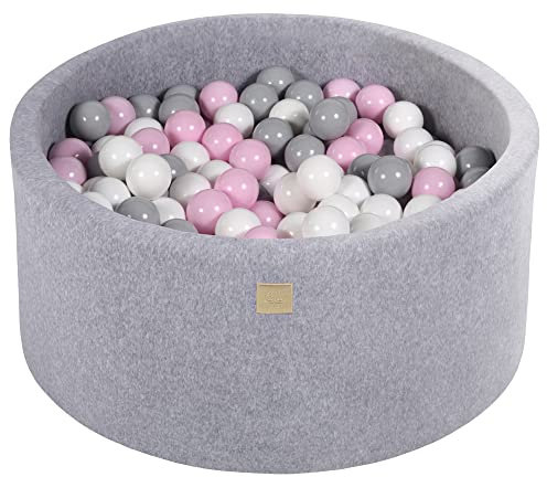 MEOWBABY Piscina de Bolas Velvet 90x40cm/300 Bolas ø 7cm para Bébé, Redonda Hecho en EU, Gris Claro: Rosa Pastel/Gris/Blanco