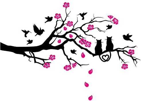 Wandtattoo mit Ast Zweig Kirschblüten 115x52cm Wandbild personalisiert Aufkleber selbst gestalten für Garderobe Flur Eingang Wohnzimmer Schlafzimmer Wandaufkleber Deko Baum (02 Katze, Ohne Wunschtext)