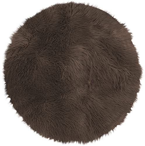 Pure Label Schaffell Lammfell Kunstfell Teppich in rund – Moderne Wohnzimmer Deko - Schlafzimmer Deko für das Sofa oder als Bettvorleger in Braun - 80cm Rund