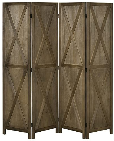 HOMCOM Paravent intérieur 4 Panneaux 182L x 170H cm Style campagnard Chic - séparateur de pièce avec croisillons - Bois de Paulownia Marron Gris