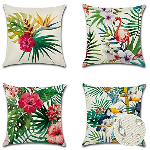 JOTOM Wasserdicht Kissenbezug Outdoor Wasserabweisend Kissenhülle Dekokissen Sofakissen Dekorativ Couchkissen Bezug für Sofa Wohnzimmer Balkon Garten 45x45cm (Tropische Pflanzen und Blumen und Vögel)