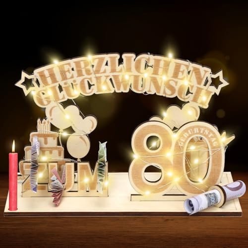 Geldgeschenke 80 geburtstag,80.Geschenke Dekoration mit LED Lichterkette,Geschenke aus Holz zum 80 Geburtstag Mann Frau，Geldgeschenke geburtstag holz,Geburtstag Dekoration für Männer und Frauen