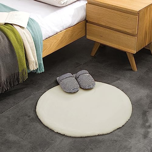 Teppich Wölkchen Fell Rund, Fellteppich Rund, Kunstfell Teppich Waschbar, Hasenfell, Kaninchenfell - Flauschiger Teppich Wohnzimmer, Bettvorleger Schlafzimmer - Beige - Rund 60cm