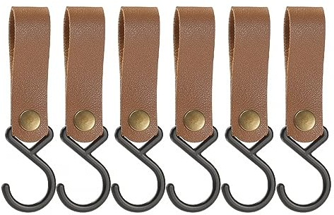 S Haken Mit Lederschlaufe, 6 Stück PU Leder Schlaufe mit S-Kleiderhaken, Metall-S-förmige Haken zum Aufhängen, Campinghaken, Kinderwagen-Haken für Mantel, Handtuch, Küche, Badezimmer