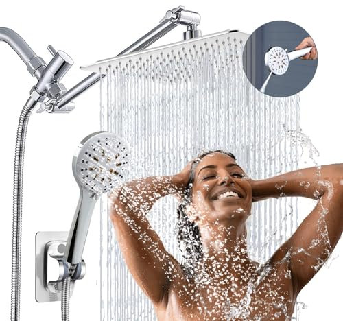 Rain Shower Head with Handheld Spray Combo High Pressure 3+6 mode built-in power wash, Dual Square Showerhead with 11'' Extension Arm Height/Angle Adjustable, 3-Way Diverter, Chrome, AWAXFOLO