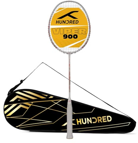 HUNDRED Viper 900 Carbon Fibre Strung Badminton Racquet with Full Racquet Cover (White/Red) |for Intermediate Players |79 Grams | Maximum String Tension - 32lbs