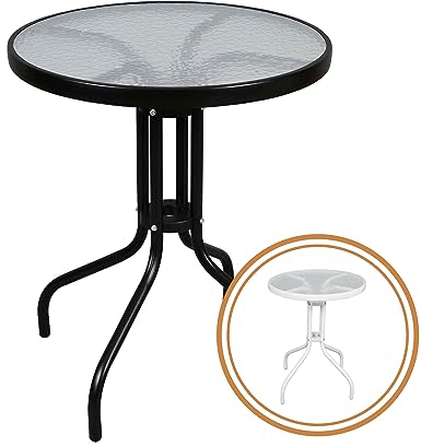 THE SECRET HOME - Mesa Redonda de Metal con Base de Cristal Texturizado - Alto. 70 cm x Diámetro. Ø60 cm - Color Negro - Mesa para Jardín, Terraza, Patio o Balcón