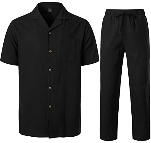 LucMatton 2-teiliges lässiges Leinen-Outfit für Herren, Sommer, kubanischer Kragen, Wanderanzüge für Strandurlaub, Schwarz , M