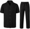 LucMatton 2-teiliges lässiges Leinen-Outfit für Herren, Sommer, kubanischer Kragen, Wanderanzüge für Strandurlaub, Schwarz , M